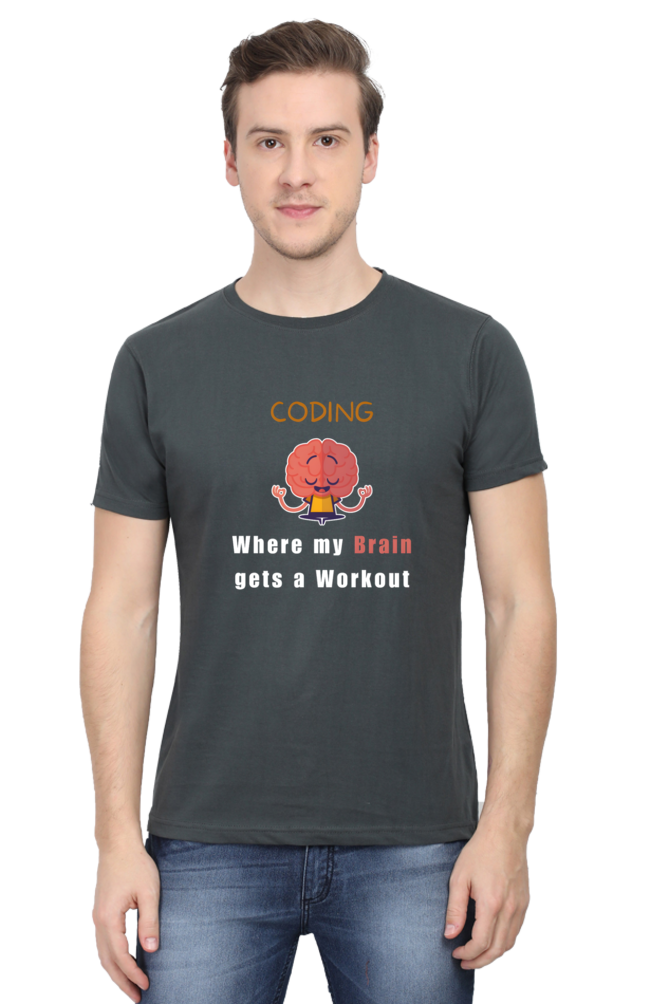 Coding Where My Brain Gets a Workout Round Neck T-Shirt | Cotysh