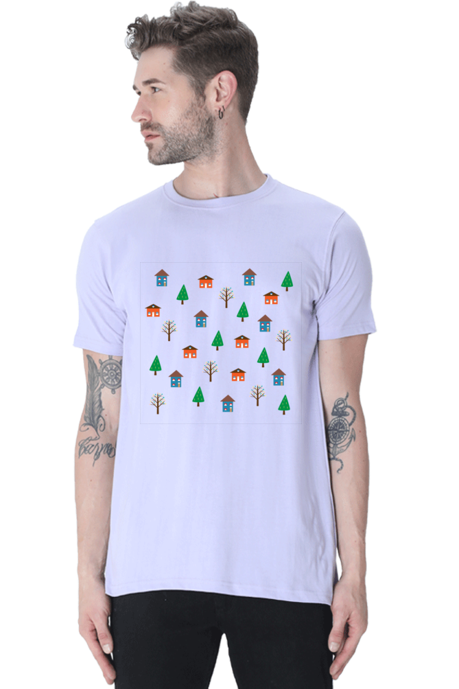 House and Trees Round Neck Half Sleeve T-Shirt - Cotysh