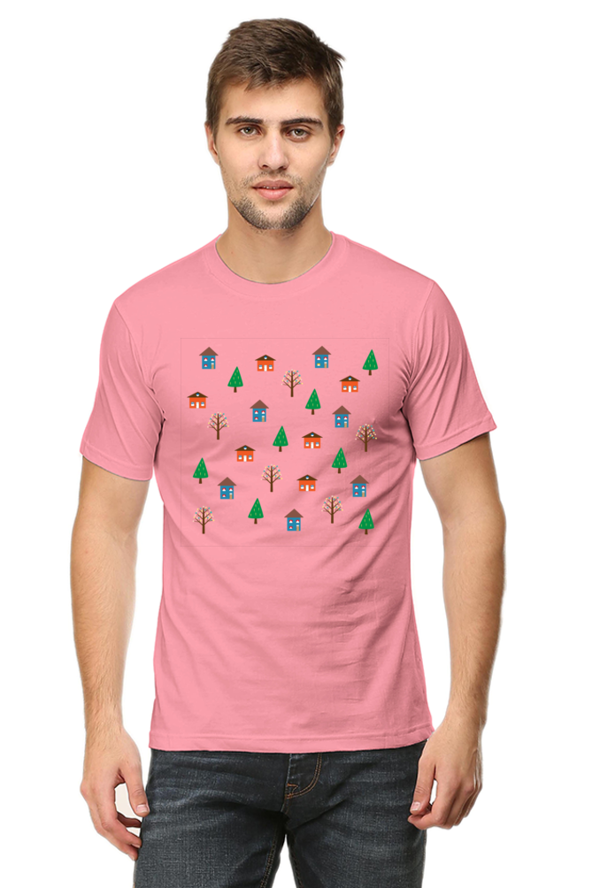 House and Trees Round Neck Half Sleeve T-Shirt - Cotysh