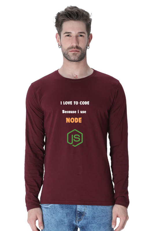 Round Neck Full Sleeve T-Shirt - "I Love to Code Because I Use Node" Print