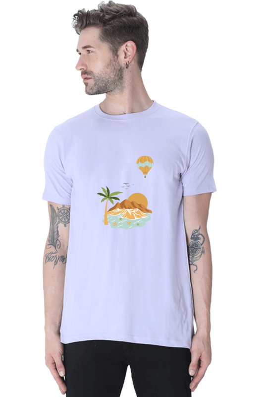 Island Printed Round Neck Half Sleeve T-Shirt - Cotysh